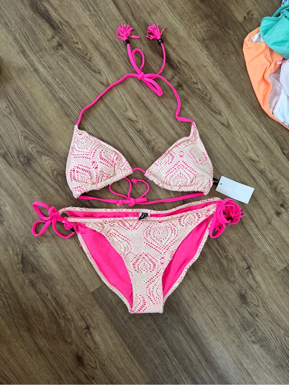 Pink Crochet Overlay Bikini Set